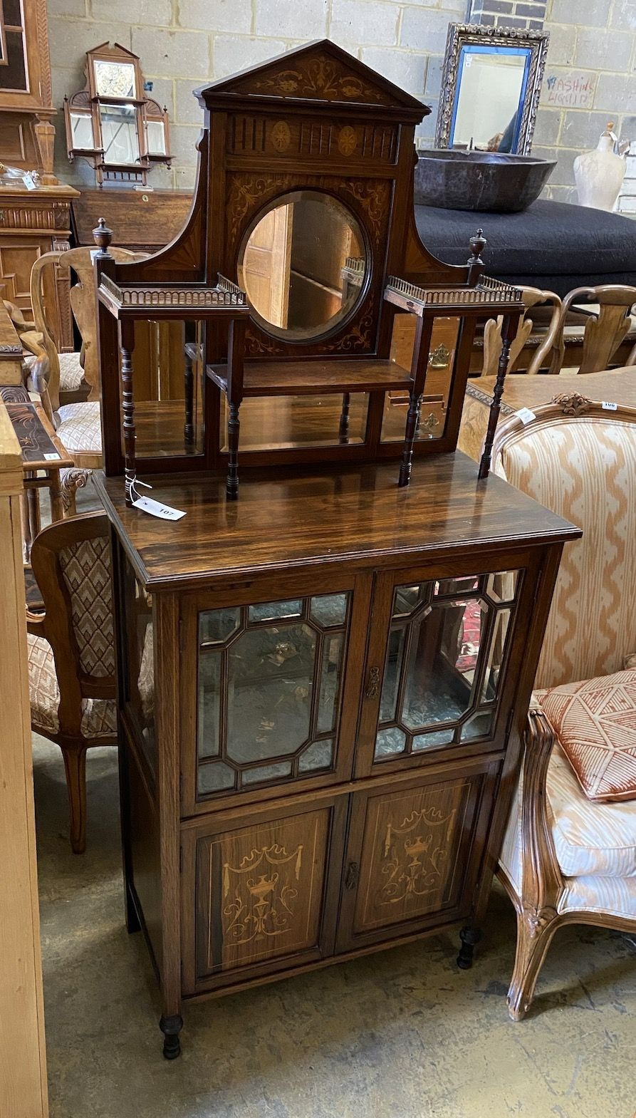 A late Victorian marquetry inlaid rosewood side cabinet, width 67cm, depth 38cm, height 160cm